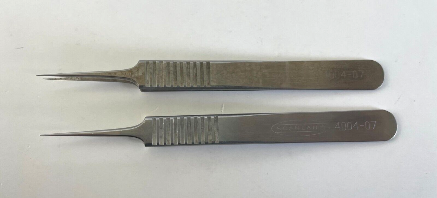 LOT of 2 Scanlan 4004-07 Micro Forceps, Straight Sharp Diamond Dust Tips, 4 1/4"