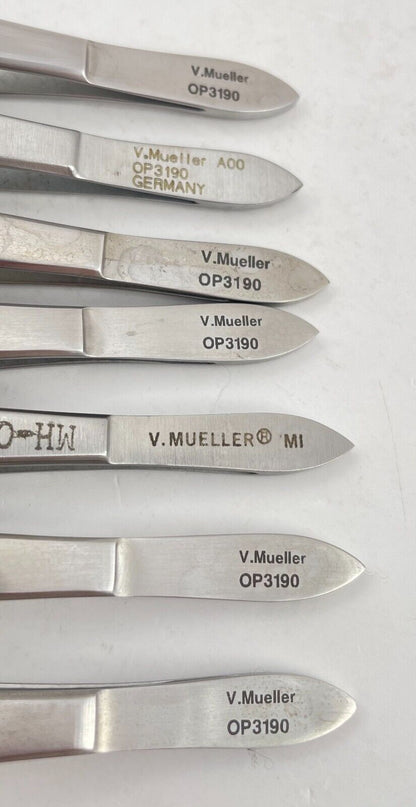 LOT OF 7 V. Mueller OP3190 Ophthalmic Dressing Forceps, Curved, Serrated Tip, 4"