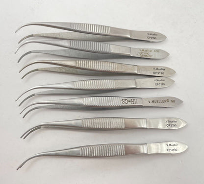 LOT OF 7 V. Mueller OP3190 Ophthalmic Dressing Forceps, Curved, Serrated Tip, 4"