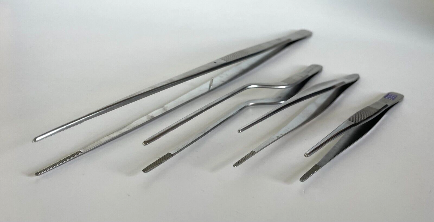 LOT OF 4 Dressing Forceps, Serrated Tips: Miltex, V. Mueller, Pilling, Symmetry