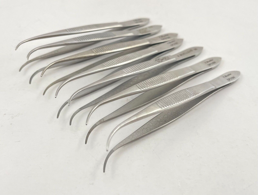 LOT OF 7 V. Mueller OP3190 Ophthalmic Dressing Forceps, Curved, Serrated Tip, 4"