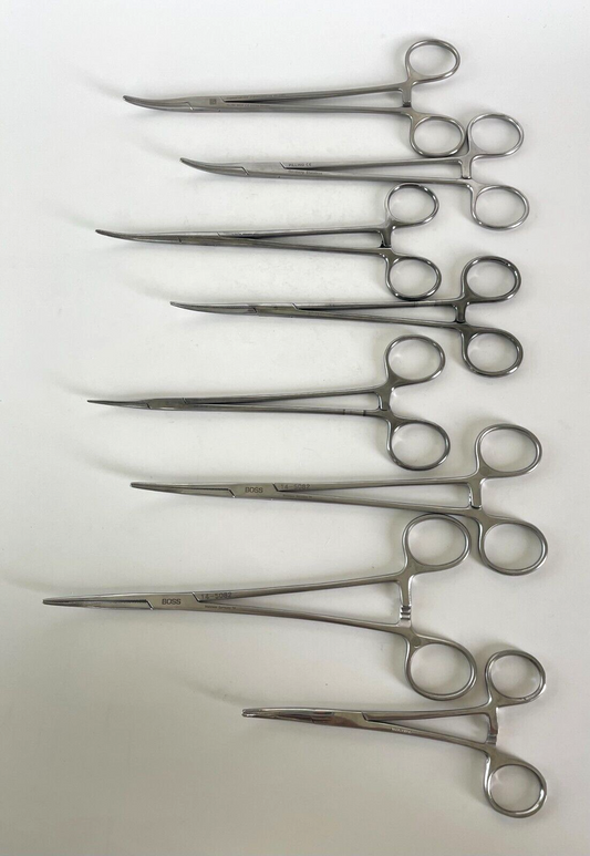 LOT OF 8 Hemostatic Forceps, Curved, Serrated: Pilling, Boss, Etc.