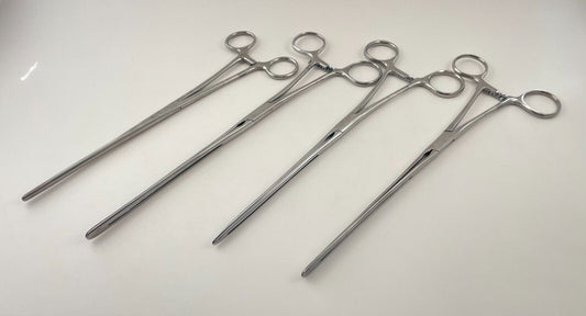 LOT OF 4 Sklar Clamps: 9" Kocher Intestinal Forceps, 10" Smooth (3)