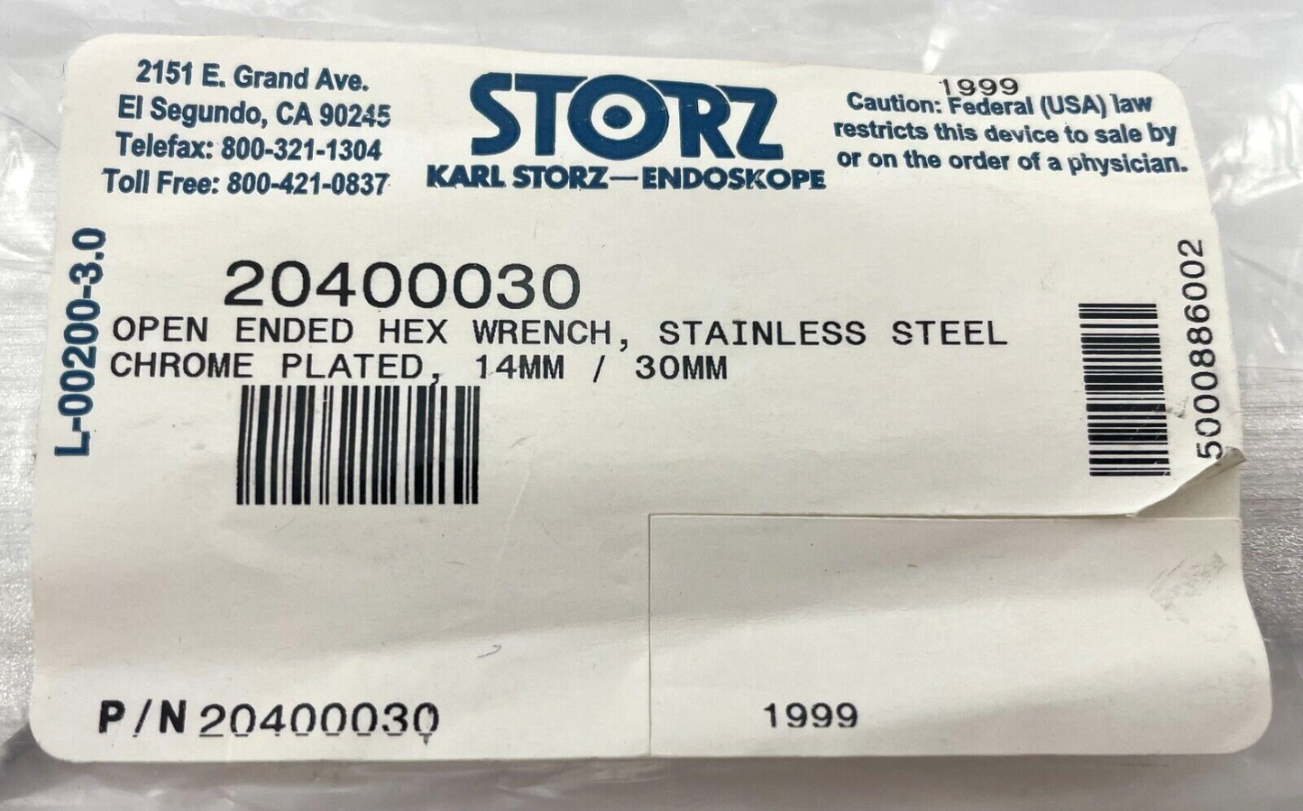 Karl Storz 20400030 Open Ended Hex Wrench, 14mm/30mm