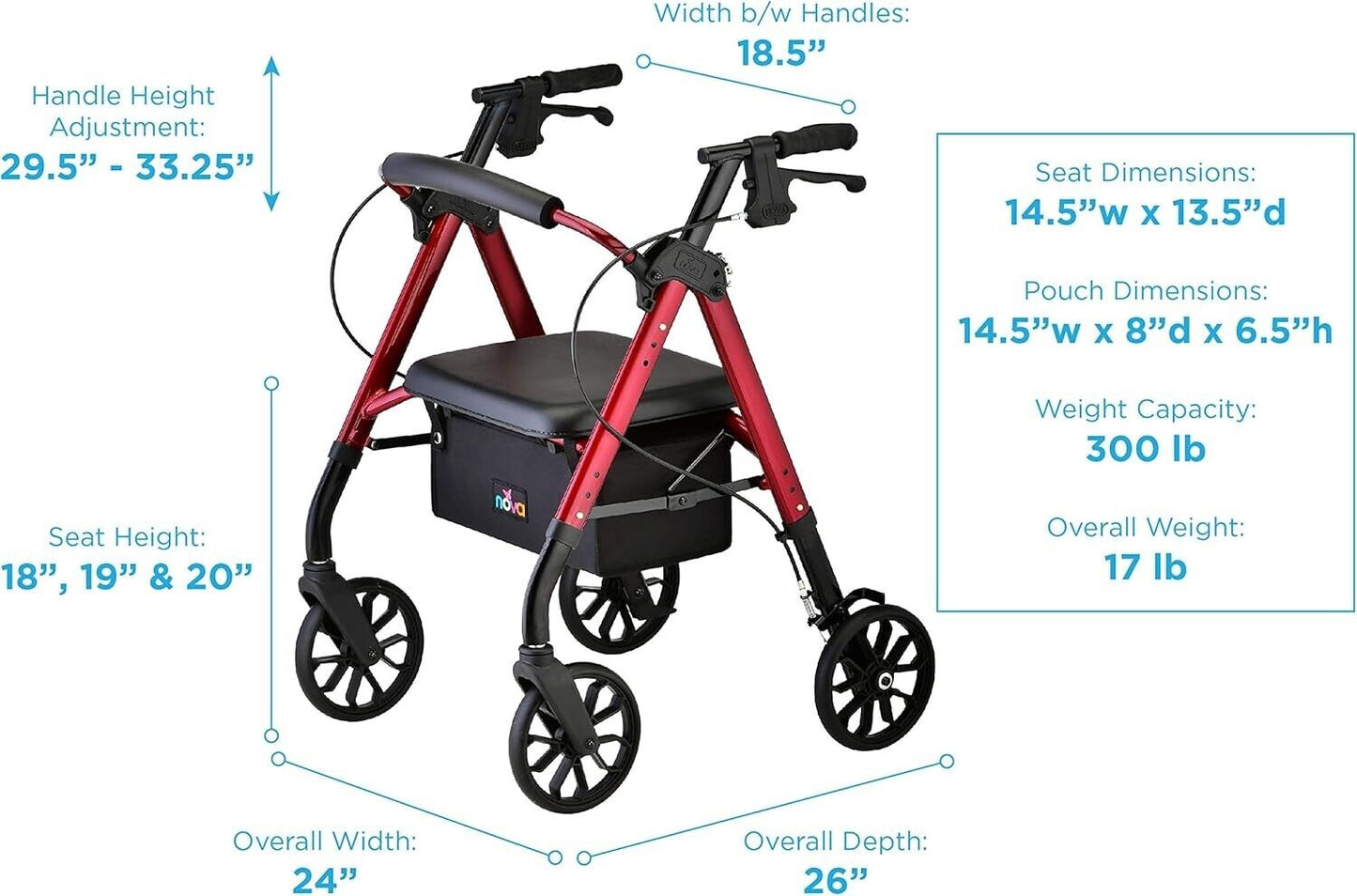 NOVA STAR 8 Rollator Walker w/Perfect Fit System Lightweight Folding