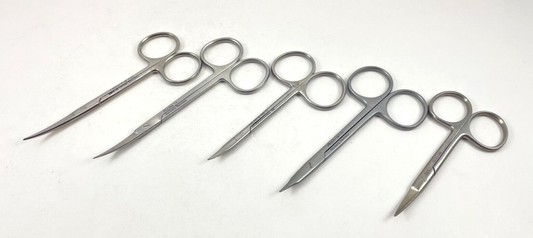 LOT OF 5 Ophthalmic Surgical Scissors, Curved: V. Mueller, Pilling, Argent, API